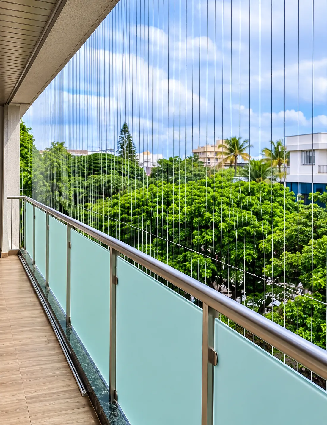 Balcony protected with invisible grill and bird netting